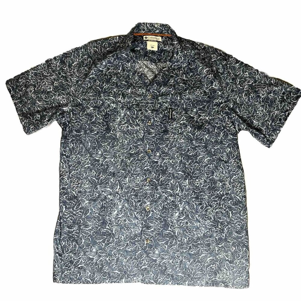 Columbia Shirt Mens Large Blue Southwest Fish Whale Print Blue Pocket S/S